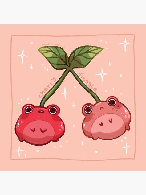 "Frog Cherries" Sticker for Sale by peonysprout | Redbubble Fruity Drawings, Kawaii Frogs, Cartoon Frogs, Cartoon Cherry, Strawberry Frog, Bottle Drawing, Frog Drawing, Animated Animals, Frog Art