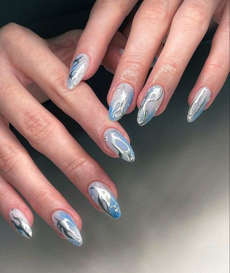 Mermaid Aesthetic Nails, Aespa Nails, Nails Rose Gold, Halo Nails, New Year Nails, Nails Rose, Summer Nail Ideas, Rose Gold Chrome, Chrome Nail Powder