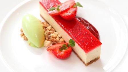 Recipe: Vanilla & strawberry cheesecake and basil ice cream | Great British Life Cheesecake Presentation, Gourmet Desserts Presentation, Fancy Desserts Presentation, Scottish Desserts, Basil Ice Cream, Fancy Desserts Recipes, Fine Dining Desserts, Plated Dessert, Plating Ideas