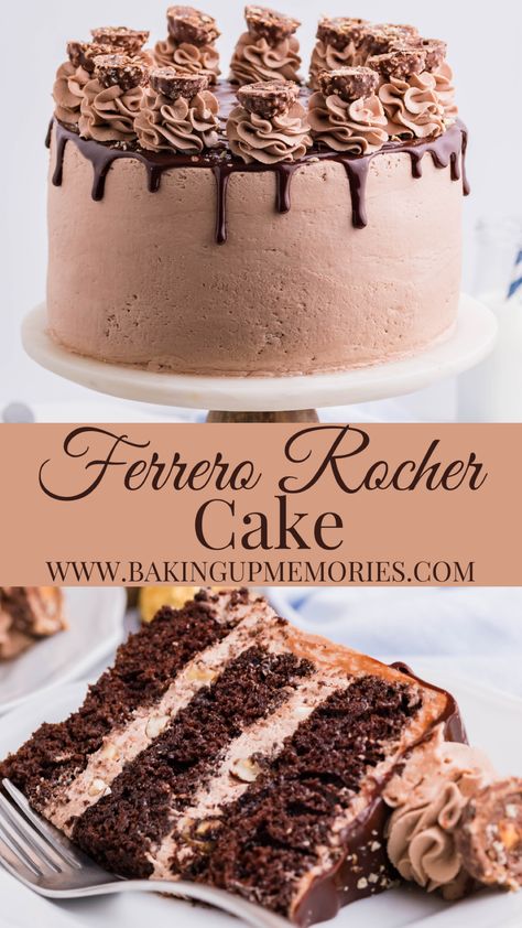 Three Chocolate Cake, Ferrero Rocher Cake Recipe, Ferrero Rocher Candy, Ferrero Rocher Torte, Rocher Cake, Ferrero Rocher Cake, Chocolate Hazelnut Cake, Nutella Buttercream, Hazelnut Cake