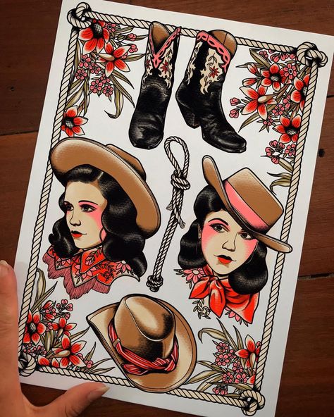 Cowgirl tattoo flash sheet Annie Oakley Tattoo, Cowgirl Tattoo Flash, Tattoos Cowboy, Western Flash, Vintage Cowgirl Art, Cowgirl Tattoo, Outlaw Tattoo, Western Tattoo, Queen Of Hearts Tattoo