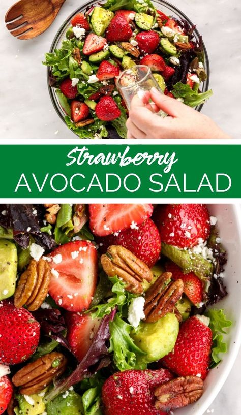 This bright and cheerful Strawberry Avocado Salad bursts with sweet and tart flavors, creamy avocado slices and crisp mixed salad greens. via @familyfresh Avocado Spinach Salad, Strawberry Avocado Salad, Strawberry Salad Recipe, Summer Pasta Dishes, Tart Flavors, Strawberry Avocado, Spring Mix Salad, Mixed Salad, Green Salad Recipes