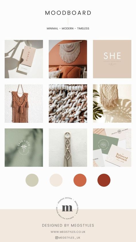 Minimal - Modern - Timelss | Visual inspiration and colour palette for a macrame brand and logo design Macrame Logo Design, Macrame Instagram Feed, Macrame Branding, Boho Brand Board, Macrame Logo Ideas, Macrame Logo, Wall Macrame, Handmade Logo, Brand Palette