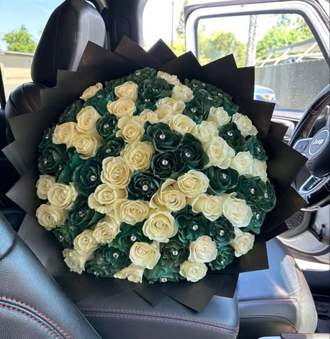 Slytherin Bouquet, Emerald Green Flower Bouquet, Green Roses Bouquet, Emerald Green Bouquet, Green Flower Bouquet, Emerald Green Quinceanera Theme, Satin Bouquet, Ribbon Rose Bouquets, Roses Bouquet Gift