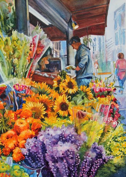 Market Scene Watercolour Painting, Flower Market Watercolor, Flower Market Painting, Flower Market Drawing, Flower Shop Painting, Market Scene Painting, Flower Vendor, Flower Market Art, Bird Paintings On Canvas