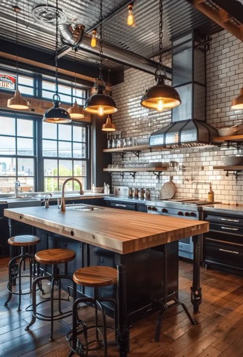 Old Industrial Interior, Home Design Ideas Kitchen, Industrial Kitchen Ideas, Rustic Industrial Kitchen, Rustic Meets Modern, Industrial Kitchen Design, Industrial Style Kitchen, Ranch Style House Plans, Inside Decor