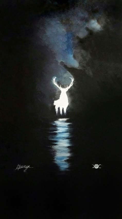 Harry Potter Patronus Wallpaper, Harry Potter Landscape Painting, Harry Potter Fan Art Drawing, Diy Harry Potter Painting, Harry Potter Acrylic Painting Ideas, Harry Potter Themed Painting, Harry Potter Inspired Paintings, Harry Potter Artwork Paintings, Patronus Painting