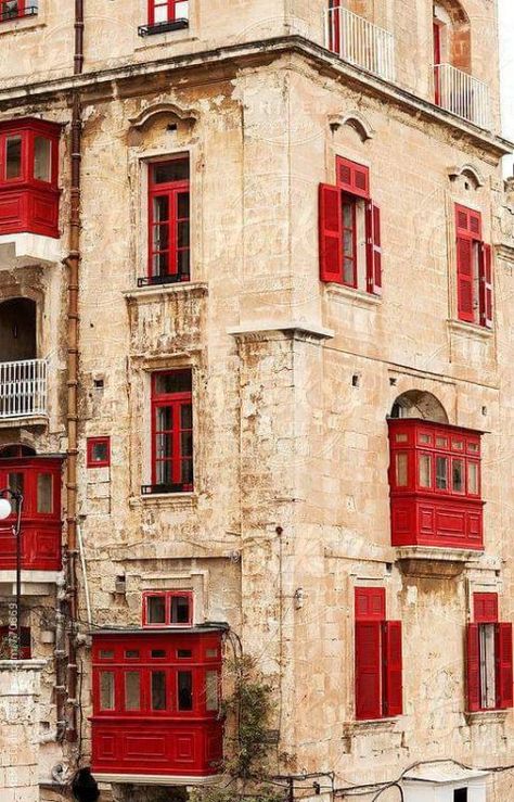 ☆•☆•☆• .............. Red Window Frame, Colored Window Frames, House Facade Color, Red Doors On Houses, Maltese Architecture, Maltese Balconies, Facade Photography, Red Windows, Painted Window Frames