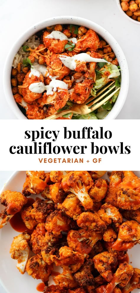 Buffalo Cauliflower And Chickpeas, Buffalo Cauliflower Meal Ideas, Cauliflower Lunch Recipes, Whole 30 Buffalo Cauliflower, Plant Based Recipes Cauliflower, Buffalo Cauliflower Dinner, Buffalo Vegetarian Recipes, Cauliflower Bowls Healthy, Wfpb Cauliflower Recipes