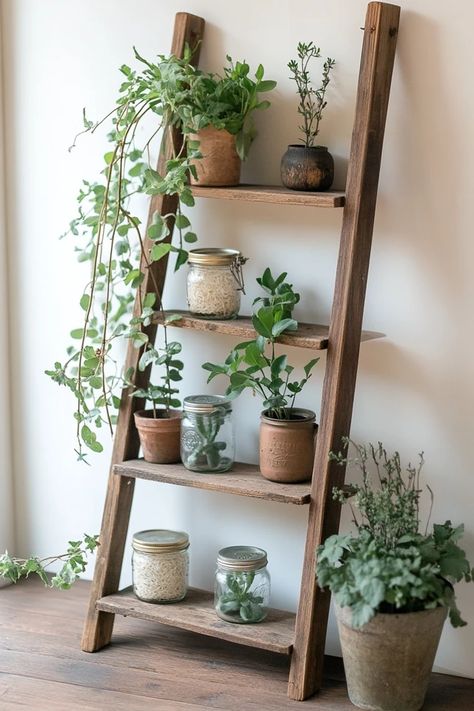 "Bring the beauty of upcycling into your home with creative Decor Ideas! ♻️🛠️ Perfect for creating a space that’s both stylish and sustainable. 🌟✨ #UpcycleInspiration #DIYHomeDecor #EcoDesign" Thrifted And Styled Decor, Vintage Home Ideas, Ladder Decoration, Rustic Fall Porch, Plants Shelf, Plantas Exterior, Plant Interior, Plant Ladder, Upcycled Decor