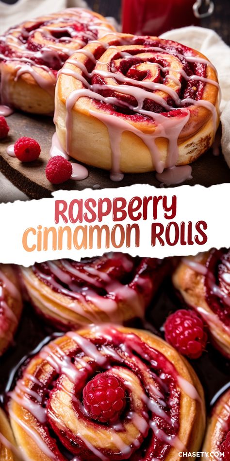 Raspberry Cinnamon Rolls with Lemon Glaze [1 Hour] - Chasety Raspberry Cinnamon Rolls, Sweet Roll Recipe, Lemon Glaze, Cinnamon Rolls Homemade, Easy Baking Recipes Desserts, Tasty Baking, Deilig Mat, Sweet Snacks Recipes, Baked Dessert Recipes