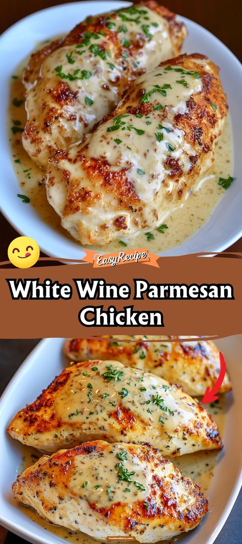 Indulge in the luxurious flavors of White Wine Parmesan Chicken, a dish that combines tender chicken breasts with a rich and creamy white wine and Parmesan sauce. This elegant meal is surprisingly simple to make, yet impressive enough for special occasions. Serve it over pasta or with a side of steamed vegetables for a complete gourmet experience. #WhiteWineChicken #ParmesanChicken #GourmetDinner Chicken Recipe With White Wine, White Wine Garlic Chicken, White Wine Cream Sauce Chicken, Cooking With White Wine Recipes, Chicken And Wine Recipes, Chicken Bianco Recipe, White Wine Chicken Recipes, Recipes Using White Wine, White Wine Recipes Cooking