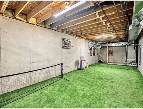 Home Soccer Field Indoor, Turf Basement Ideas, Indoor Soccer Field In Basement, Basement Soccer Field, Soccer Basement, Soccer Garage, Unfinished Basements, Indoor Soccer Field, Soccer Room