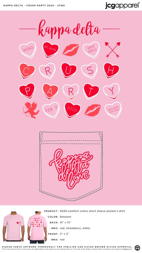 Kappa Delta Crush Party Shirt | Sorority Crush Party Shirt | Greek Crush Party Shirt #kappadelta #kaydee #kd #Crush #Party #Shirt #hearts #valentines #love Phi Mu Shirts, Sorority Tshirt Designs, Sweatshirt Design Ideas, Sorority Banner, Sorority Merchandise, Sorority Shirt Designs, Blessing Bags, Sorority Sweatshirts, Alpha Gam