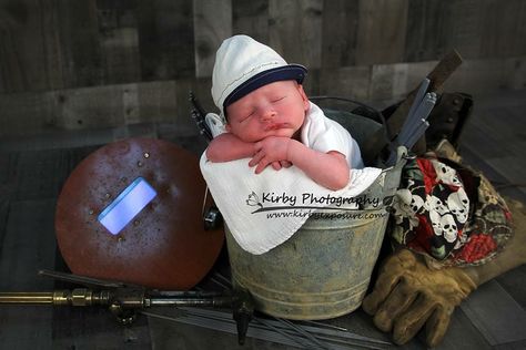 Newborn Pictures With Welding, Welding Hood, Welding Rigs, Newborn Photography Boy, Baby Pictures Newborn, Newborn Clothes, Announcement Ideas, Baby Announcements