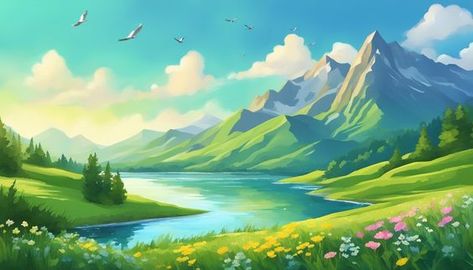 Mountains in Spring with flowers, illustration background: Click to download 60+ similar high-quality images, free for personal and commercial use! Cabin Sunset, Greenery Background, Mountains Flowers, Commercial Website, Wedding Illustrations, Notion Aesthetic, Pc Wallpapers, 3d Wall Painting, Mountain Background