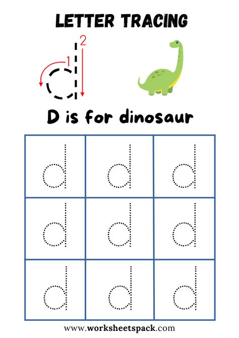 Letter D Tracing Worksheet, D Tracing Worksheet, D Worksheets Preschool, Letter D Tracing, Letter N Printable, Montessori Worksheets, D Worksheet, D Is For Dinosaur, Letter Formation Activities