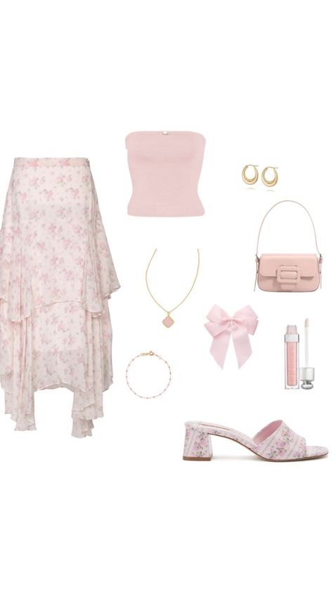 Outfit With Pink Skirt, Barbie Pink Outfit Ideas, Pink Coquette Outfit, Girly Outfit Ideas, Pink Strapless Top, Girly Clothing, Glossy Lip Gloss, Coquette Outfits, Pretty Outfit Ideas