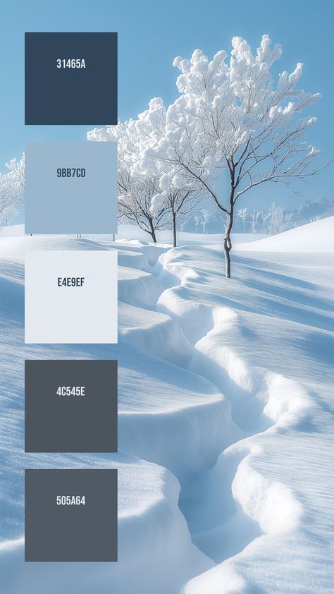 Colors:
31465A
9BB7CD
E4E9EF
4C545E
505A64 Snowy Color Palette, Winter Color Pallet, Blue Contrast Colors, Snow Color Palette, Winter Colour Palette, Winter Palette, Blue Contrast Color, Winter Color, Earth Tone Color Palette