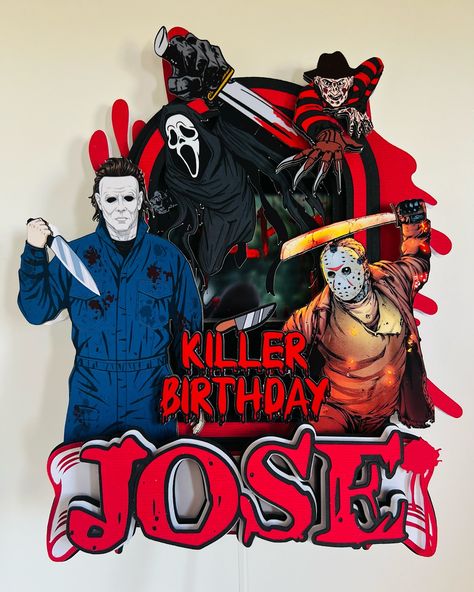 This was requested for my son’s birthday! 🎂 Happy Birthday to my firstborn, 23 beautiful years! This is now available in my website.. #halloweencaketopper #michalesmyers #ghostface #scream #freddykrueger #caketopper #halloween Horror Movies Cake, Scary Movie Birthday Cake, Horror Movie Themed Birthday Cake, Classic Horror Movie Birthday Party, Happy Birthday Jason Cake, Michael Myers’s Birthday Cake, Halloween Birthday Cakes, Movie Cakes, Halloween Cake Topper