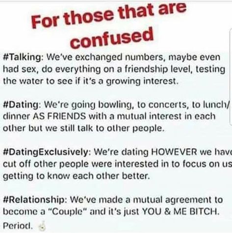 Wow are you serious? Am I the only one that doesn’t make this so complicated? I’m more of the talking literally meaning talking to each other and getting to know each other and then dating like going out on dates and hanging out and then a relationship? We both commit and are in that big/gf stage and we’ve asked each other to be each other’s significant other? Damn no wonder why this generation is so complex. Talking In Relationship Quotes, Things To Say In The Talking Stage, Before Dating Me Quotes, Dating Two People At Once Quotes, Dating In This Generation, Loyal During The Talking Stage, What To Do In The Talking Stage, The Talking Stage Quotes, Love In This Generation Quotes