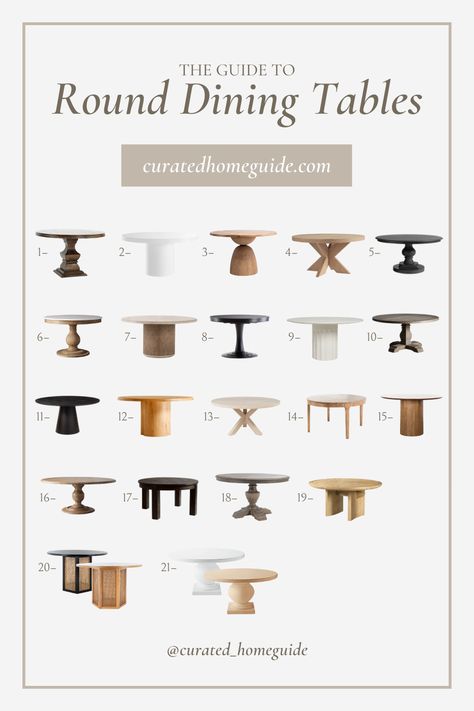 Round dining tables have been a popular choice for decades, and it’s easy to see why. They are a timeless piece that create an inviting and warm atmosphere, easily fit into small spaces, and allow for versatile seating. I’ve combed the internet and found some of the best round dining tables perfect for your dining room or breakfast area. Below you will find a variety of styles in the 48″ to 60″ size range- some extendable! See all items and links at curatedhomeguide.com Arhaus Table Dining, Timeless Round Dining Table, Large Round Dining Room Table For 8, 6ft Round Dining Table, 60in Round Dining Table, X Base Round Dining Table, 60 In Round Dining Table, Small Round Extendable Dining Table, Round Table Transitional