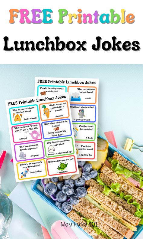 Free printable lunchbox jokes for back to school! Kid-friendly printable jokes to make kid’s lunch more fun! #lunchboxideas #lunchideas #jokeoftheday #jokes #jokesandriddles #jokesforkids #printable Lunchbox Jokes For Kids, Elementary School Lunch, School Lunch Box Ideas, Lunch Board, Baby Lunch, Kid Jokes, Back To School Lunch, Lunchbox Jokes, Jokes For Teens