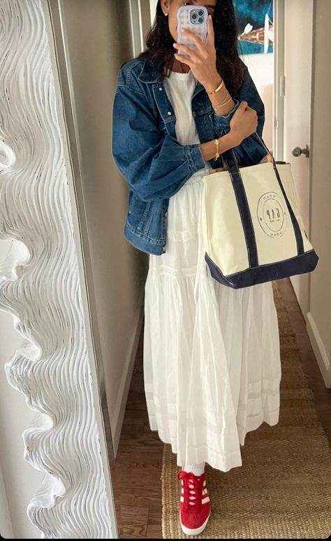 Shabbat Outfit Summer, Blue Satin Dress Outfit Casual, South Korean Outfits Summer, Girly Minimalist Outfits, White Skirt Outfit Modest, Modest Fashion Outfits Jeans, June Europe Outfits, White Dress Jean Jacket Outfit, Fall White Skirt Outfits