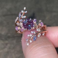 Vintage Alexandrite Floral Engagement Ring Set Rose Gold Alexandrite Wedding Ring Set Leaf Sapphire Enhancer Wedding Band Rings For Women  https://www.etsy.com/listing/1273621028/vintage-alexandrite-floral-engagement?click_key= Engament Rings, Alexandrite Wedding Ring, Wedding Band Rings, Enhancer Wedding Band, Cute Engagement Rings, Floral Engagement Ring, Future Engagement Rings, Peinados Recogidos, Dream Engagement Rings