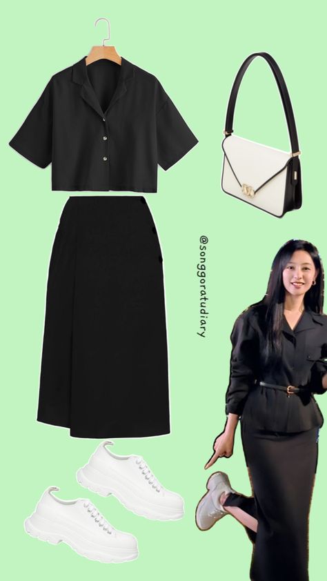 Hong Hae In Kim Ji Won Queen of Tears KDrama Inspired Outfit Black Shirt Skirt OOTD Skirt White Sneakers, Korean Style Outfits, Skirt Ootd, Bridesmaid Dresses Long Chiffon, Modesty Outfits, Sophisticated Outfits, Korean Casual Outfits, Kim Ji Won, Skirt And Sneakers