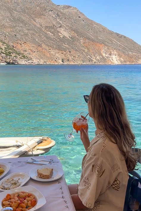 Maddy enjoying a hearty breakfast by the beach in Sfakia, Crete, Greece Central America Destinations, Greece Destinations, Greece Itinerary, Coastal Village, Greece Photography, South America Destinations, Amazing Beaches, Crete Island, Greece Travel Guide