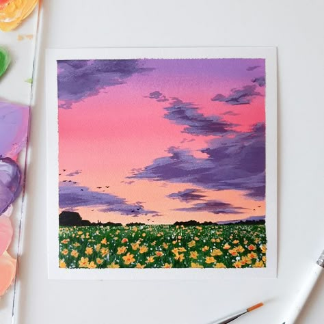 Flowers And Sunset Painting, Acrylic Field Of Flowers, Flower And Sky Painting, Nature Aesthetic Painting Easy, Flower Field Canvas Painting, How To Paint Flower Field, Flower Field Drawing Easy, Flower Field Painting Acrylic Easy, Sunset Flower Field Painting