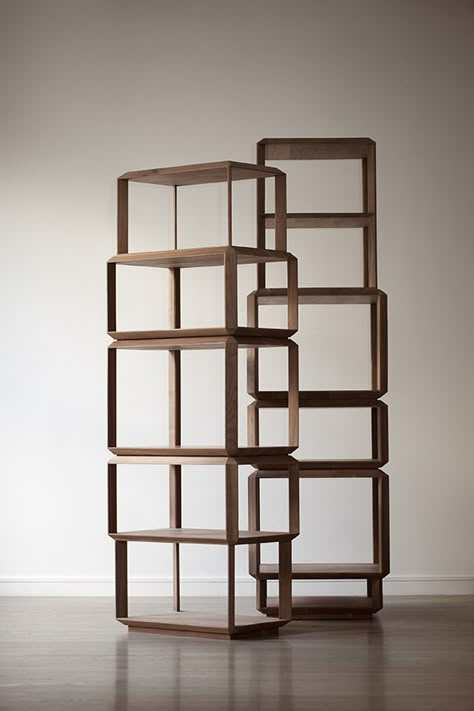 Sculptural Shelving, Sculptural Bookcase, Free Standing Shelf, Japanese Style Bookshelf, Wooden Modular Shelves, Creative Bookcases, Teak Bookshelf, Cnc Furniture, Furniture Bookshelves