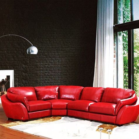 On Art Urbane, this luxuriously modern sectional sofa in Italian leather has a soft round appearance that can really bring a room together. Its cherry red color goes supremely well with its dark wooden legs. This piece will provide comfort to your home wi Apartment Color Ideas, Red Leather Sofa Living Room, Red Leather Sectional, Red Sectional Sofa, Firefighter Man Cave, Red Leather Couches, Italian Leather Sectional Sofa, Red Sofas, Sectional Sofa Sale