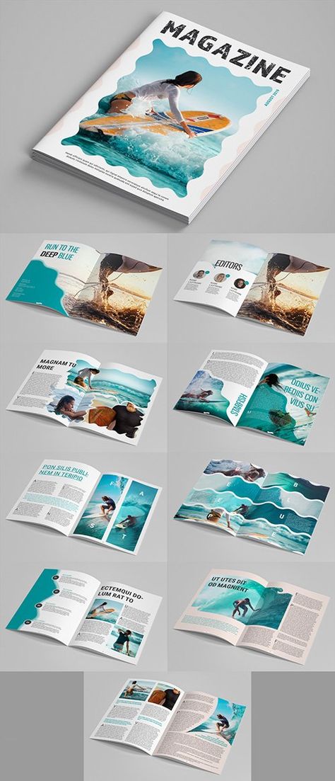 Summer Magazine Layout with Teal Accents - Free PSD Templates Unique Magazine Layout Design, Cool Magazine Layout Design, Summer Magazine Design, Magazine Covers Design, Summer Layout, Summer Magazine Cover, Summer Magazine, Colorful Magazine Layout, Magazine Cover Layout Templates