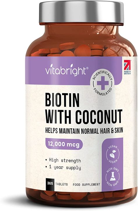 Biotin Hair Growth Supplement 12,000mcg - 365 High Strength Biotin Tablets for Hair - 1 Year Supply - Vegan Friendly Biotin Coconut Oil Supplement - for Normal Skin & Hair Growth in Men & Women : Amazon.co.uk: Health & Personal Care Vitamins For Nail Growth, Hair Growth Tablets, Hair Skin Nails Vitamins, Biotin Supplement, Biotin Hair Growth, Vitamin B7, Biotin Hair, Nail Vitamins, Help Hair Grow