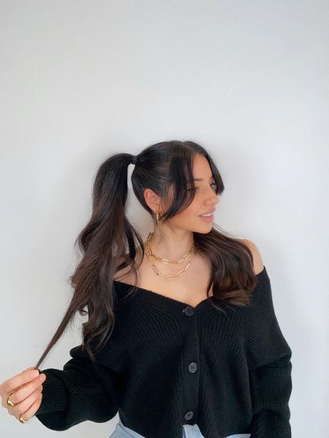 Ponytail Inspiration, Two Ponytail Hairstyles, High Pigtails, Bangs Ponytail, Two Ponytails, Pigtail Hairstyles, Curtain Bangs, Metallic Hair, Grunge Hair