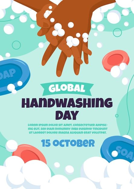 Hand drawn flat global handwashing day v... | Free Vector #Freepik #freevector #flat-poster #hand-soap #awareness-poster #vertical-poster Handwashing Poster, Global Handwashing Day, Hand Washing Poster, Project Cover, Project Cover Page, Alcohol En Gel, Vertical Poster, Vector Hand, Poster Template