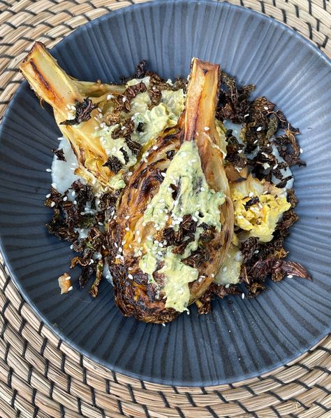 Baked Miso Cabbage on Jerusalem Artichoke Puree and a Tahini Herb Dressing Miso Cabbage, Artichoke Puree, Artichoke Recipe, Roasted Cauliflower Steaks, Herb Dressing, Baked Cabbage, Artichoke Recipes, Cauliflower Steaks, Potato Puree