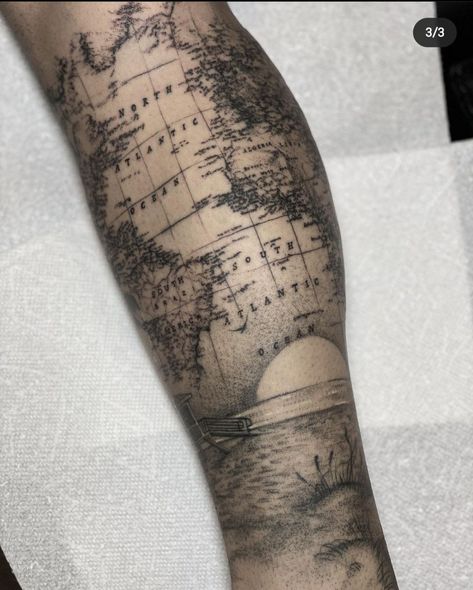 Book Map Tattoo, No Matter The Distance Tattoos, Men’s Upper Back Tattoo, World Map Tattoo Sleeve, World Map Tattoo Men, Map Sleeve Tattoo, Old Map Tattoo, Tattoos For Men Upper Arm, Map Tattoo Sleeve