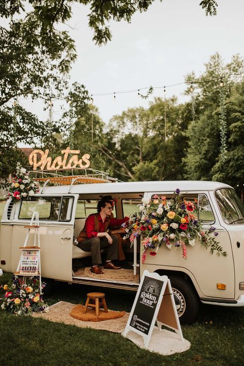 The design of this styled shoot is one of our favorites. We channeled our inner 70s along with elements of burnt orange, wooden arches, VW van Photo Booth, and colorful florals. The wedding dress and the groom attire pulled the whole wedding design together. See more from this shoot at: https://annahowedesign.com/70s-styled-shoot/ Maximalist Disco Wedding, Indie Style Wedding, 70 Style Wedding, Retro Wedding Ideas Vintage, 70s Wedding Ceremony, 70s Beach Wedding, 1970s Aesthetic Wedding, Retro Wedding Altar, Rustic Retro Wedding