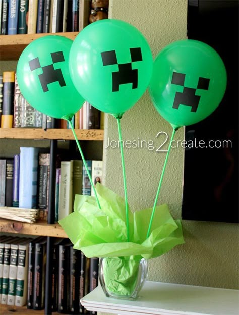 Minecraft Birthday Party - Jonesing2Create Minecraft Balloons, Diy Minecraft Birthday Party, Minecraft Party Favors, Minecraft Party Decorations, Minecraft Birthday Cake, Minecraft Birthday Party, Birthday Party Crafts, Minecraft Birthday, Minecraft Party