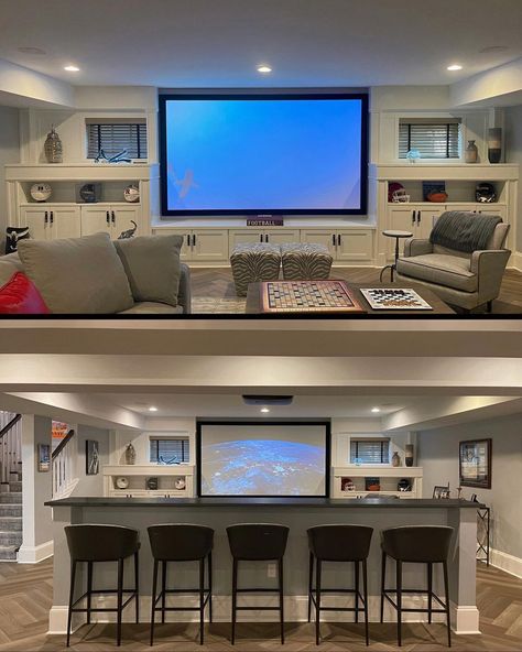 Finished Basements NJ ™ on Instagram: “⁣An open-concept media room 🎞 is a great option for families who want to include their home theater system in common areas!⠀ ⠀ ✨Pros⠀ ⠀ …” Home Theater Basement, Basement Movie Room, Open Basement, Basement Bar Plans, Living Room Home Theater, Home Theater Room Design, Minecraft Basement, Theater Room Design, Basement Inspiration