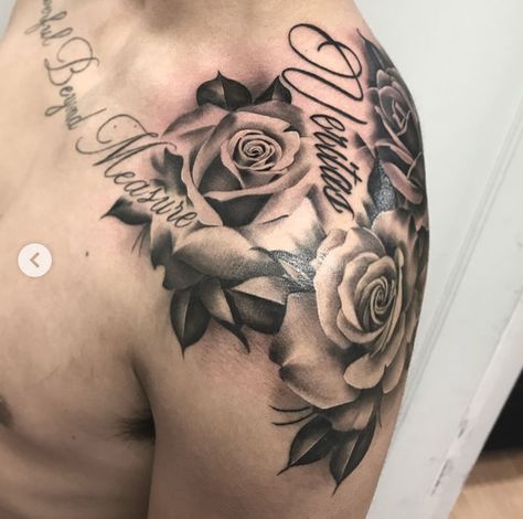 Roses Shoulder Tattoo Men, Tattoo Shoulder Ideas, Rose Tattoo Men Shoulder, Rose Shoulder Tattoo Men, Rose Chest Tattoo Men, Men Tattoo Shoulder, Roses Shoulder Tattoo, Top Shoulder Tattoo Men, Shoulder Cap Tattoo For Men