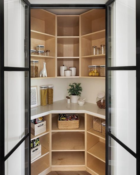 26 Small Pantry Ideas to Maximize Your Kitchen Space Efficiently - placeideal.com Back Kitchen Pantry Ideas, Small Kitchen With French Doors To Patio, Storage Space Kitchen, Small Corner Pantry Shelves, Clever Pantry Ideas, Cute Small Pantry Ideas, Colourful Pantry Ideas, Corner Pantry Build, Breakfast Pantry Ideas