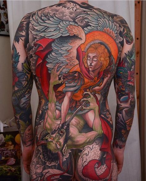 Instagram: peterlagergren Yakuza Style Tattoo, Traditional Back Tattoo, Mens Body Tattoos, Backpiece Tattoo, Full Back Tattoos, Angel Tattoo Designs, Traditional Japanese Tattoos, Full Body Tattoo, Sailor Jerry