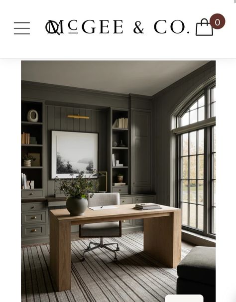 Masculine Feminine Office, Home Office Renovation Ideas, Home Office With Dark Wood Floors, Office Built Ins With Standing Desk, Man's Office, Danish Office, Timeless Office, Open Loft Area Ideas Upstairs, Open Concept Home Office