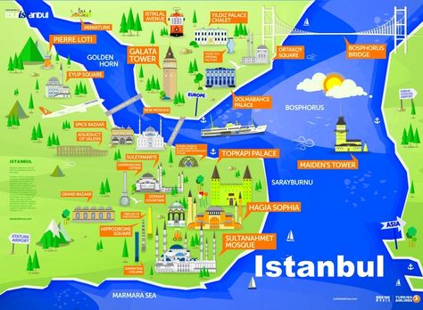 Istanbul sightseeing map Istanbul Tourist Map, Istanbul Turkey Map, Istanbul Tourist Attractions, Cool World Map, Istanbul Map, Turkey Map, Turkey Vacation, Visit Istanbul, Istanbul Hotels