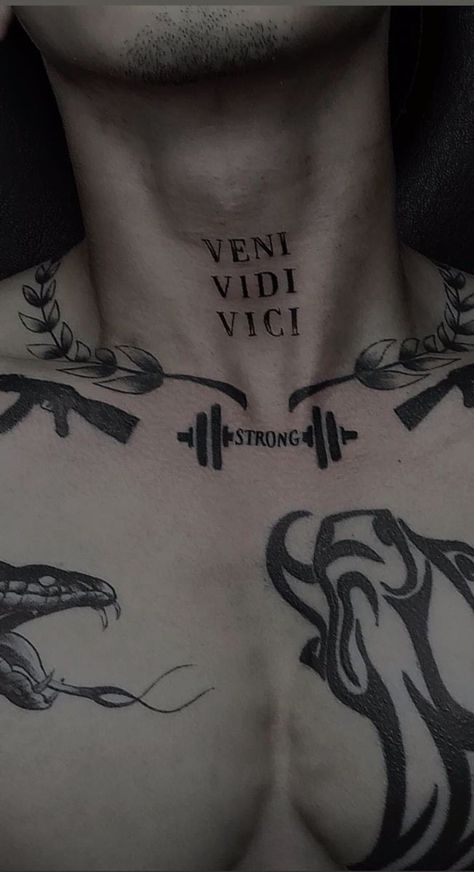 Vene Vidi Vici Tattoo, Vini Vidi Vici Tattoo, Neck Tattoo For Boys, Veni Vidi Vici Tattoo, Jeremy Volkov, Hunter Tattoo, Legacy Of Gods, Tattoo Inspiration Men, Cool Chest Tattoos