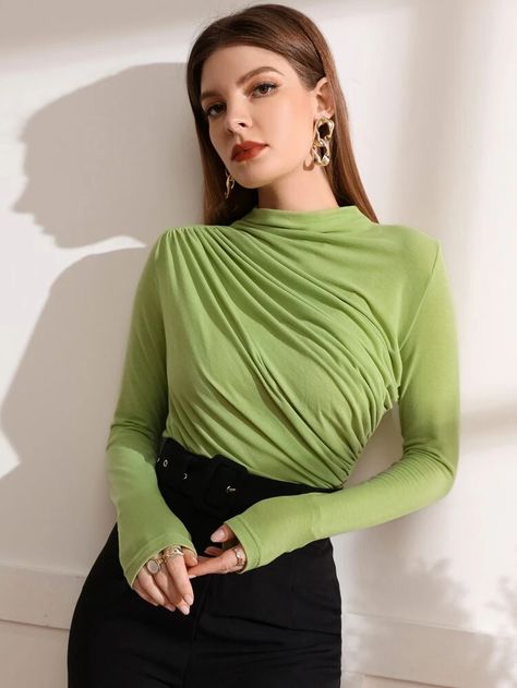 Mock Neck Ruched Tee | SHEIN USA Mock Neck Tshirt, Lime Green Outfits, Green Outfit, Tshirt Outfits, Women T Shirts, Shein Tops, Work Attire, Classy Outfits, Online Clothing